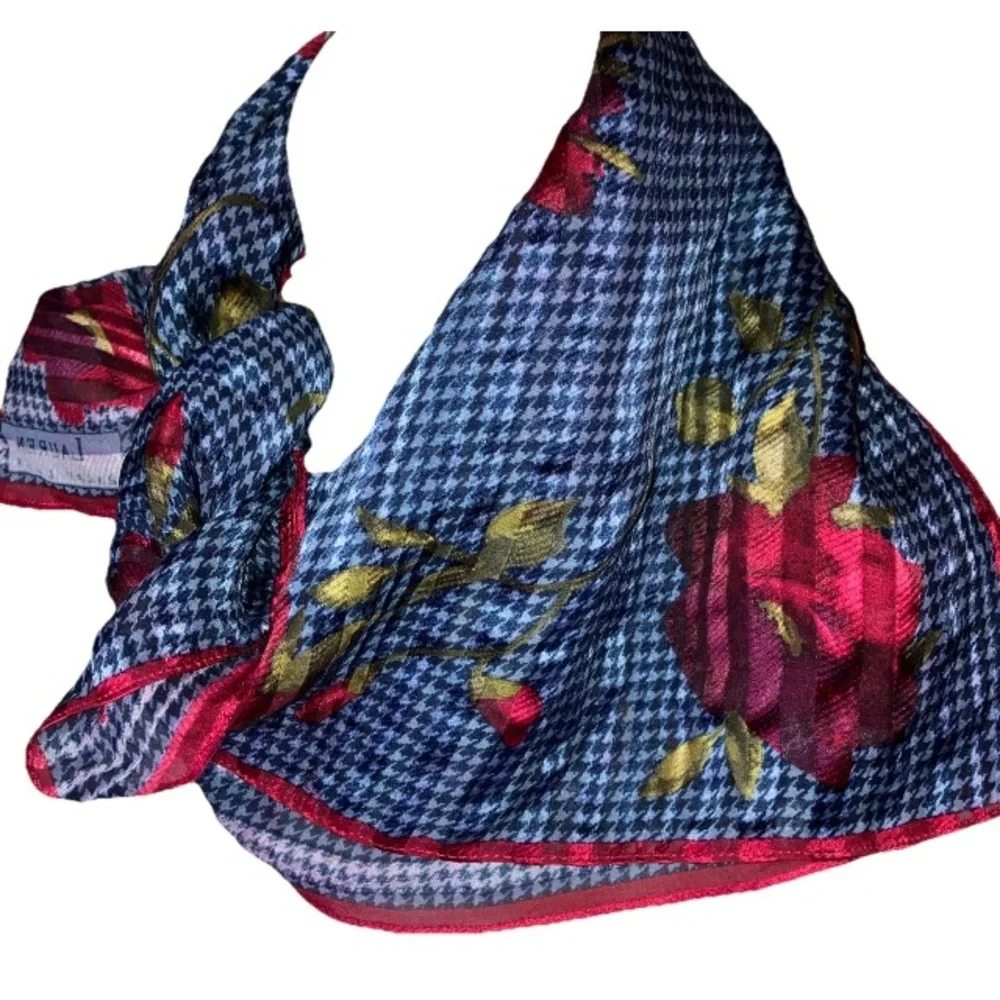 Ralph Lauren Houndstooth Rose 100% Printed Silk Blue Red Scarf Purse Tie 21”x21”